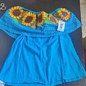 Sunflower Embroidered Off-Shoulder Top - Blue
